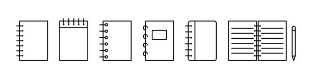 notebook-symbol. notepad-journalsymbolsammlung. notizbuch, notiz-gliederungsschild. aktienvektor - workbook note pad cut out pencil stock-grafiken, -clipart, -cartoons und -symbole