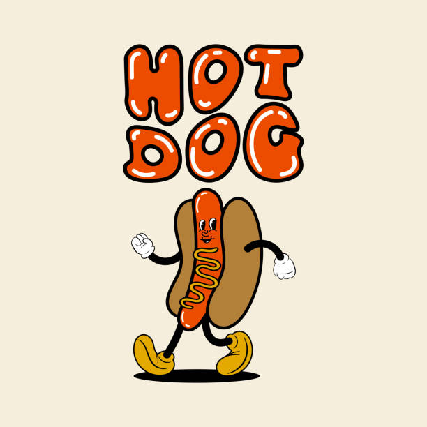 illustrations, cliparts, dessins animés et icônes de concept de mascotte de hot-dog rétro. - hot dog