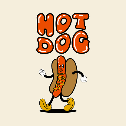 Retro hot dog mascot concept. Hotdog cartoon mascot design. Vector cartoon illustration.