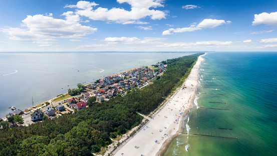 Vacations  in Poland - summer aerial view of the Hel Peninsula and the village of Chalupy on the Baltic Sea in Pomorskie province