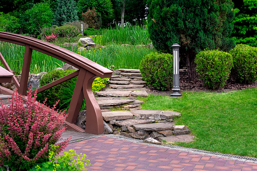 natural stone path along flower bed near tile walkway with lattice drain system in backyard with plants evergreen bushes and pine trees landscaping of eco summer park with wooden bridge, nobody.