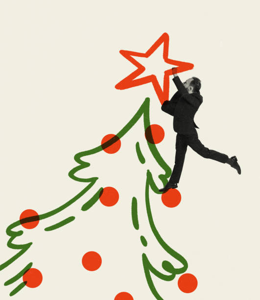 istock Contemporary art collage. Creative design. Man in a suit putting star on christmas tree. Preparation 1408869397