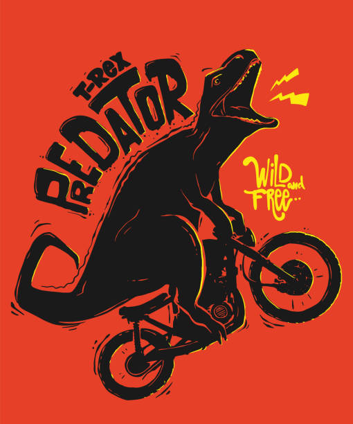 Dinosaur riding a motorbike vector print design Dinosaur riding a motorbike vector print design. cool graffiti characters stock illustrations
