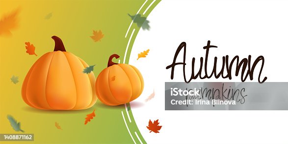 istock Banner autumn with illustration of realistic pumpkins and flying leaves. 1408871162