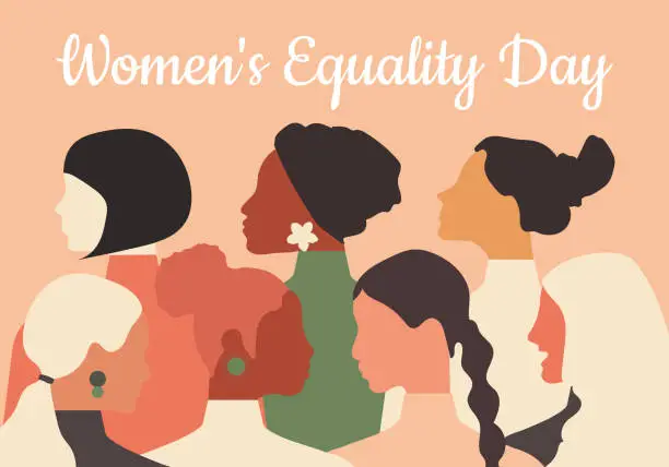 Vector illustration of Women's Equality Day. Women of different ages, nationalities and religions come together. Horizontal pink pastel poster. Vector.