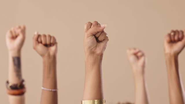 Group of unknown powerful diverse females only raising their fists in protest in the studio. Unknown group of diverse women protesting female empowerment, women's rights, feeling united and supported