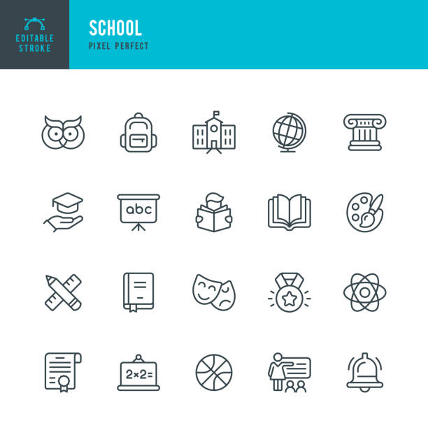 School - line vector icon set. 20 icons. Pixel perfect. Editable outline stroke. The set includes a School Building, Education, Teacher, Classroom, High School, University, Chalkboard, Diploma, Mortarboard, Owl, Backpack, Globe, Basketball Ball, Mathematics, Physics, Medal, Paintbrush, Bell.