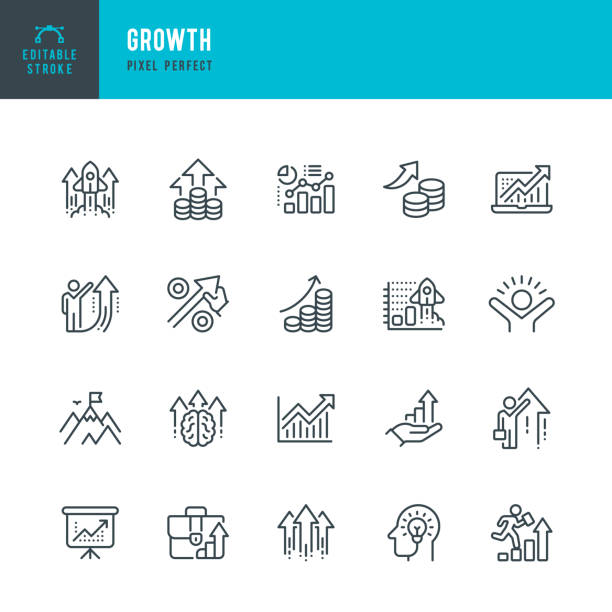 Wachstum - Linienvektor-Symbolsatz. 20 Symbole. Pixel perfekt. Bearbeitbare Umrisskontur. Das Set enthält ein persönliches Wachstum, Umsatzwachstum, Raketenstart, prozentuales Wachstum, Präsentation, Investition, Berggipfel, positive Emotionen, Aufstieg.