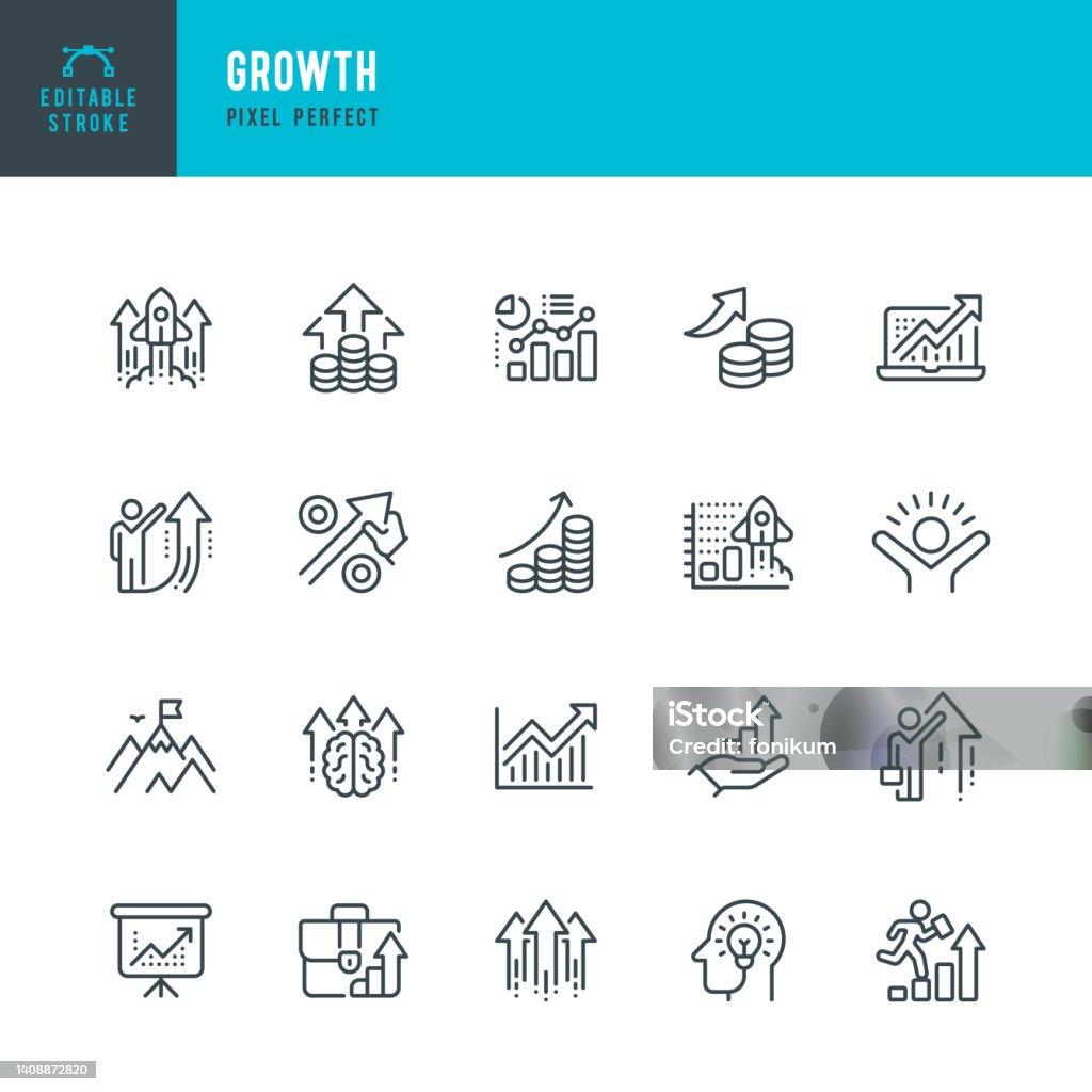 Growth - line vector icon set. Pixel perfect. Editable stroke. The set includes a Personal Growth, Revenue Growth, Rocket Launch, Percentage Growth, Presentation, Investment, Mountain Peak, Positive Emotion, Moving Up. Growth - line vector icon set. 20 icons. Pixel perfect. Editable outline stroke. The set includes a Personal Growth, Revenue Growth, Rocket Launch, Percentage Growth, Presentation, Investment, Mountain Peak, Positive Emotion, Moving Up. Icon Symbol stock vector Growth - line vector icon set. Pixel perfect. Editable stroke. The set includes a Personal Growth, Revenue Growth, Rocket Launch, Percentage Growth, Presentation, Investment, Mountain Peak, Positive Emotion, Moving Up. Growth - line vector icon set. 20 icons. Pixel perfect. Editable outline stroke. The set includes a Personal Growth, Revenue Growth, Rocket Launch, Percentage Growth, Presentation, Investment, Mountain Peak, Positive Emotion, Moving Up. Icon Symbol stock vector