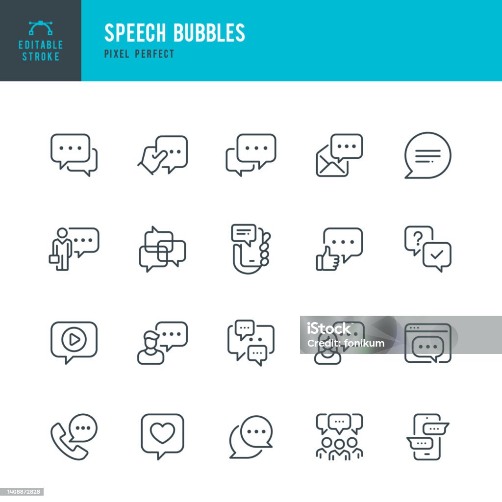 Speech Bubbles - line vector icon set. Pixel perfect. Editable stroke. The set includes a Speech Bubble, Online Messaging, Bubble, Message, Discussion, Communication, Speech, Community. - Royaltyfri Ikon vektorgrafik