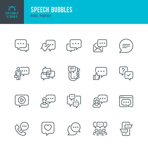 Speech Bubbles - line vector icon set. 20 icons. Pixel perfect. Editable outline stroke. The set includes a Speech Bubble, Online Messaging, Bubble, Message, Discussion, Communication, Speech, Community.