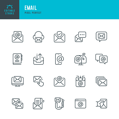Email - line vector icon set. 20 icons. Pixel perfect. Editable outline stroke. The set includes a E-Mail, Letter, Address Book, Mailbox, Envelope, Subscription, Message, Archives, Correspondence, Protection.