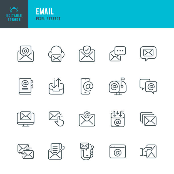 Email - line vector icon set. Pixel perfect. Editable stroke. The set includes a E-Mail, Letter, Address Book, Mailbox, Envelope, Subscription, Message, Correspondence. Email - line vector icon set. 20 icons. Pixel perfect. Editable outline stroke. The set includes a E-Mail, Letter, Address Book, Mailbox, Envelope, Subscription, Message, Archives, Correspondence, Protection. newsletter stock illustrations