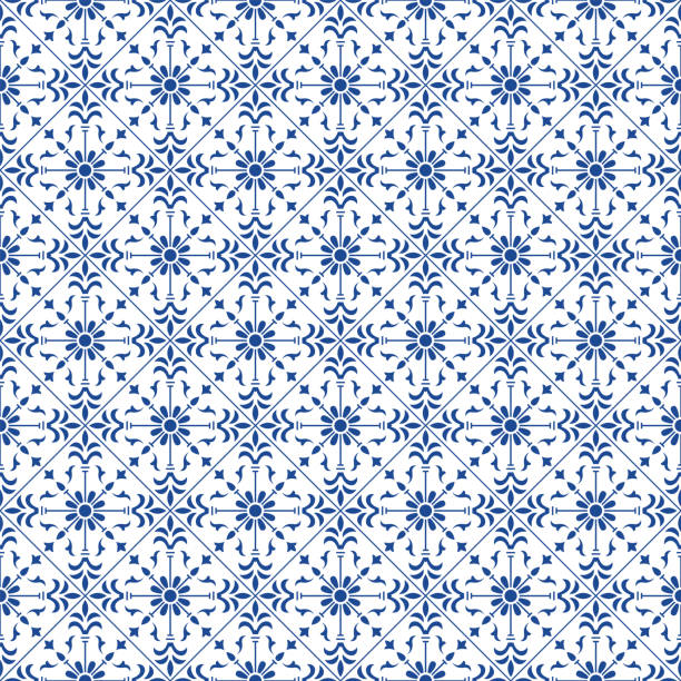 Seamless ornamental pattern, imitation of Portuguese ceramic azulejo tiles. Swatch is included. Seamless ornamental pattern, imitation of Portuguese ceramic azulejo tiles. Swatch is included. traditionally portuguese stock illustrations