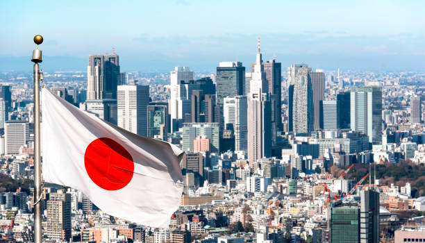 Panoramic view of Tokyo and Japanese flag, Japan stock photo