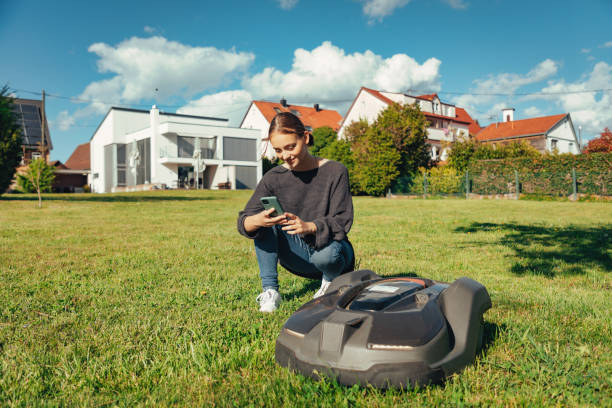 Woman in Home Garden programming Robotic Lawn Mower With Mobile Phone stock photo
