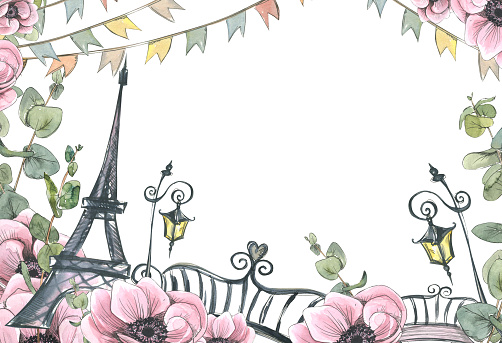 A frame with the Eiffel Tower, lanterns, a garland of flags and a bridge, anemone flowers and eucalyptus twigs. Watercolor illustration in sketch style with graphic elements from a large set of PARIS