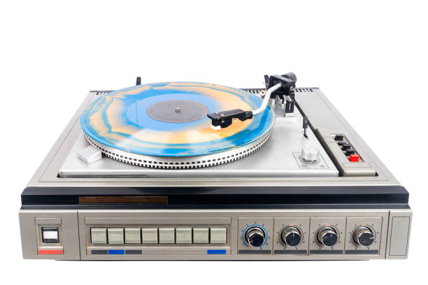 istock Vintage turntable record player with blue and orange vinyl 1408877461