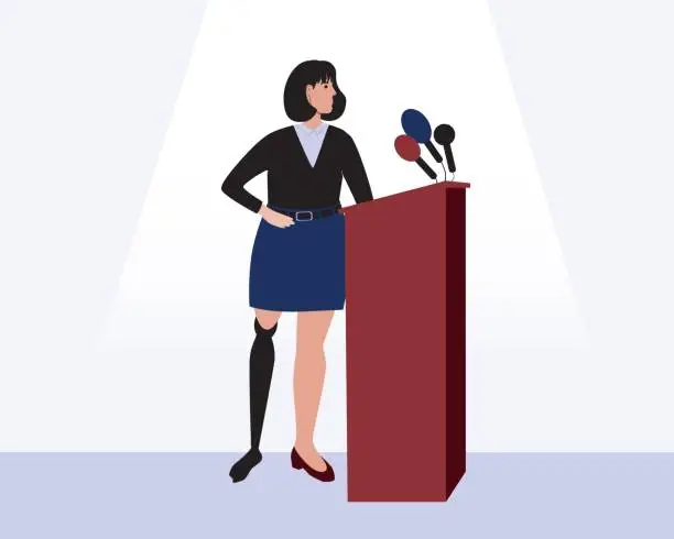 Vector illustration of Invaldinal persona with prosthetic leg as Presenter presenting, flat vector stock illustration as concept of Conferences and networking