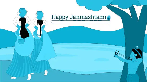 Vector illustration of Bal Krishna with Gulel and Gopi with matki flat vector illustration, Happy Janmashtami vector illustration.