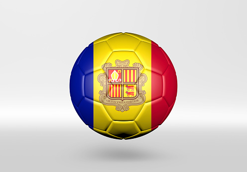 3D soccer ball with the flag of Andorra on grey background