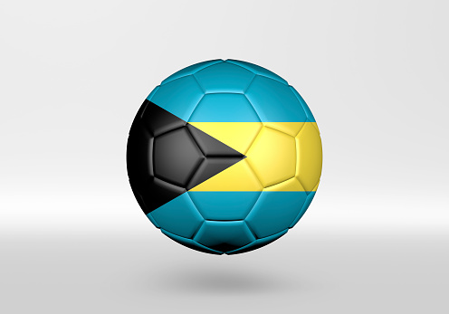 3D soccer ball with the flag of Bahamas on grey background