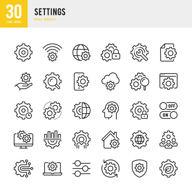 ilustrações de stock, clip art, desenhos animados e ícones de settings - thin line vector icon set. 30 icons. pixel perfect. the set includes a gear, settings, sliding, control panel, repairing, wrench, it support, work tool, setting, engineer, eco settings, solution, equalizer, personal settings, system file. - sliding control panel control playing