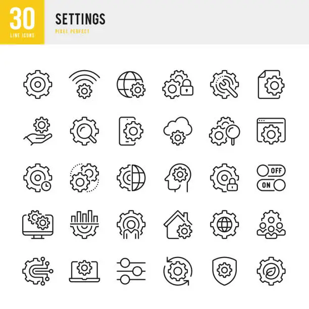 Vector illustration of Settings - thin line vector icon set. 30 icons. Pixel perfect. The set includes a Gear, Settings, Sliding, Control Panel, Repairing, Wrench, IT Support, Work Tool, Setting, Engineer, Eco Settings, Solution, Equalizer, Personal Settings, System File.