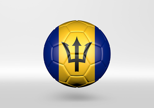 3D soccer ball with the flag of Barbados on grey background