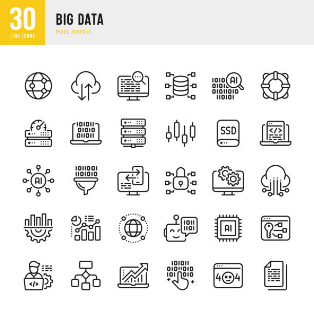 stockillustraties, clipart, cartoons en iconen met big data - thin line vector icon set. 30 icons. pixel perfect. the set includes a data analyzing, big data, cloud computing, computer programmer, network server, artificial intelligence, machine learning, high performance, data filtration, network securit - digitaal display