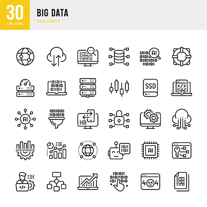 Big Data - thin line vector icon set. 30 icons. Pixel perfect. The set includes a Data Analyzing, Big Data, Cloud Computing, Computer Programmer, Network Server, Artificial Intelligence, Machine Learning, High Performance, Data Filtration, Network Security, Data Center, SSD.