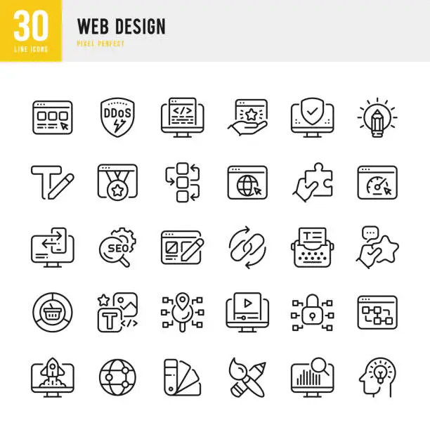 Vector illustration of Web Design - thin line vector icon set. 30 icons. Pixel perfect. The set includes a Web Designer, Web Page, Text Writing, Coding, Color Swatch, SEO, DDoS Protection, High Performance, Website Safety, Work Tools, Responsive Web Design, Typewriter, Links Up