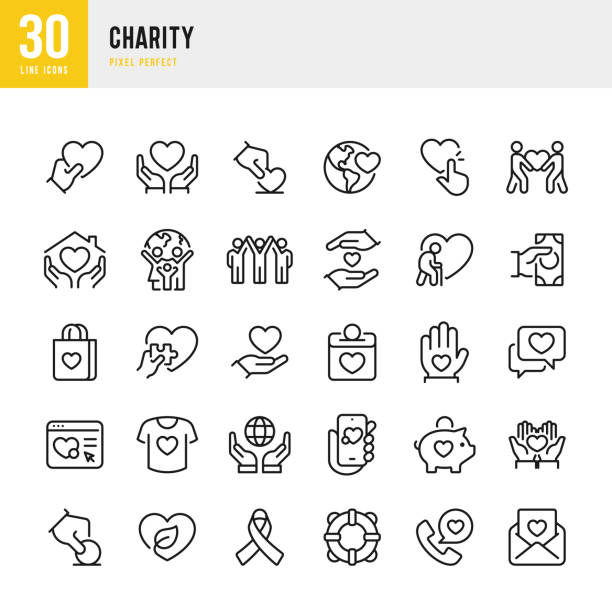 dobroczynność - zestaw ikon wektorowych cienkiej linii. 30 ikon. piksel idealny. zestaw zawiera pomoc charytatywną, pomoc, darowiznę charytatywną, szczęśliwą rodzinę, opiekę, pomocną dłoń, wolontariusza, kształt serca, pudełko darowizny, zbi - dzialalnosc charytatywna stock illustrations