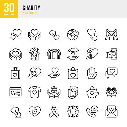 Charity - thin line vector icon set. 30 icons. Pixel perfect. The set includes a Charity, Assistance, Charitable Donation, Happy Family, Care, Helping Hand, Volunteer, Heart Shape, Donation Box, Fundraising, High-Five, Support.