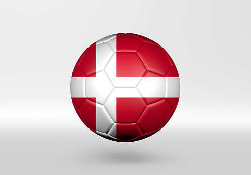 3D soccer ball with the flag of Denmark on grey background
