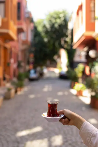 Turkish Tea and Bagel in the Kuzguncuk Street, Uskudar Istanbul, Turkey