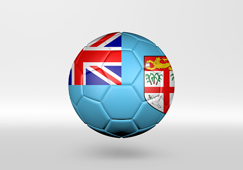 3D soccer ball with the flag of Fiji on grey background