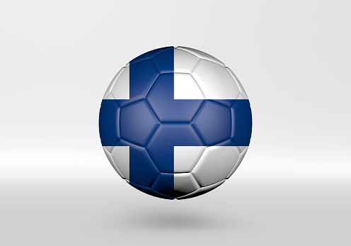 3D soccer ball with the flag of Finland on grey background