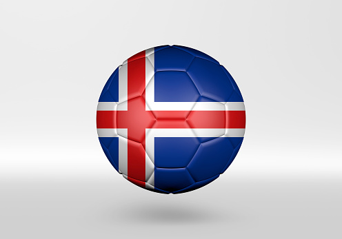 3D soccer ball with the flag of Iceland on grey background