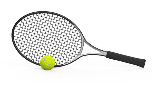 ein tennisschläger mit einem auf weißem hintergrund isolierten ball - ein schwarz-grauer tennisschläger mit einem gelben ball - tennis racket ball isolated stock-fotos und bilder
