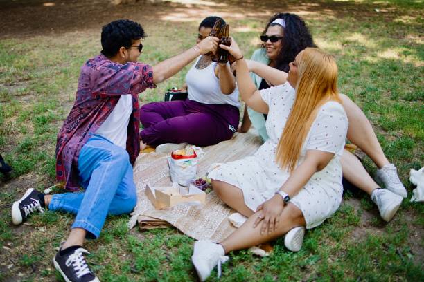 istock Friends are making a toast while sitting in the park on a picnic 1408880840