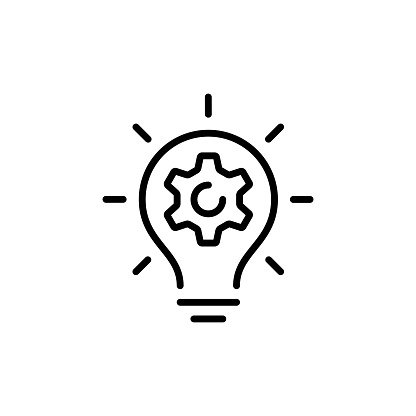 Creative idea line icon. Lump with gear icon. Brain in lightbulb vector illustration. Thin sign of innovation, solution, education logo. Vector EPS 10. Isolated on white background