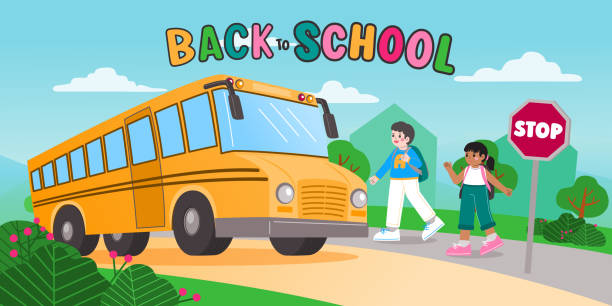 Kids Go To School By Bus, Vector, Illustration Kids Go To School By Bus, Vector, Illustration school bus stop stock illustrations