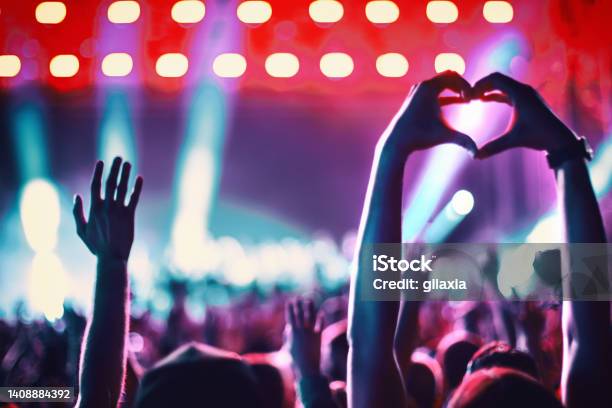 Rave Party Silhouettes Stock Photo - Download Image Now - Music Festival, Crowd of People, Heart Shape