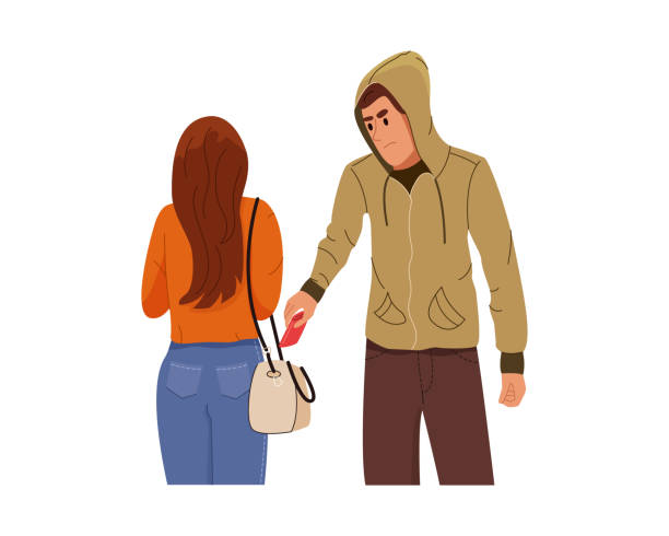 złodziej kradnie portfel z torby młodej kobiety - pickpocketing stock illustrations