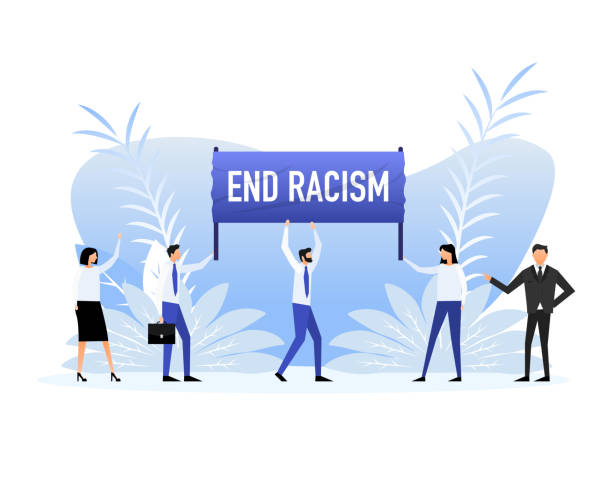 People holding a poster with text end racism. Vector illustration. People holding a poster with text end racism. Vector illustration ending racism stock illustrations