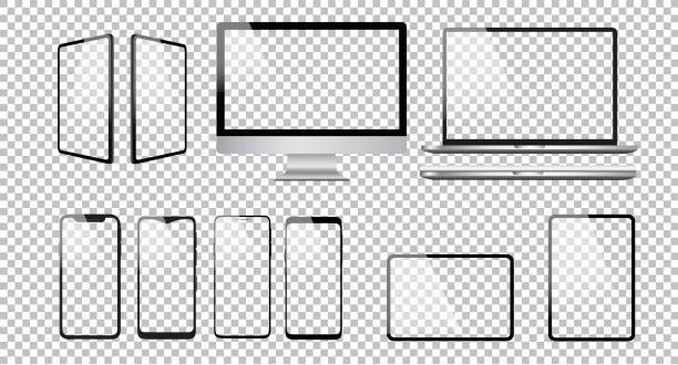 przezroczysta kolekcja komputerów i elektronicznych urządzeń cyfrowych z izolowanymi wyciętymi ekranami. ilustracja wektorowa. - projektowanie responsywnych stron obrazy stock illustrations