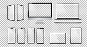 Transparent computer and electronic digital device collection with isolated cut out screens. Vector Illustration.