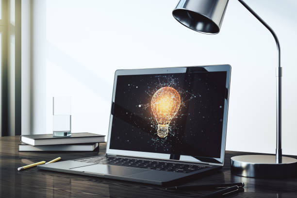 istock Creative idea concept with light bulb illustration on modern laptop screen. 3D Rendering 1408891166
