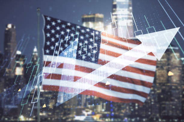 istock Multi exposure of virtual abstract financial chart and upward arrow interface on USA flag and blurry skyscrapers background, rise and breakthrough concept 1408891197